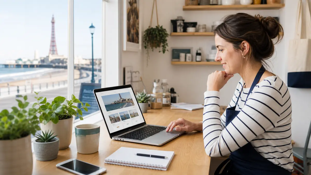 Small business owner planning a website on a laptop