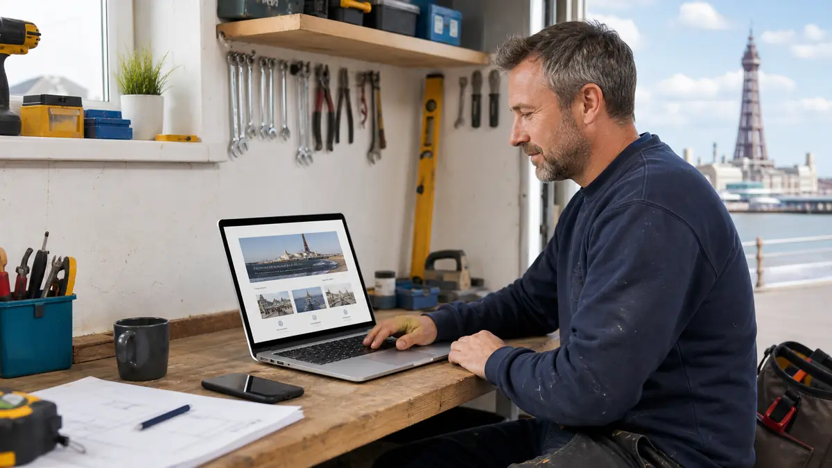 Local tradesperson reviewing a new website on a laptop